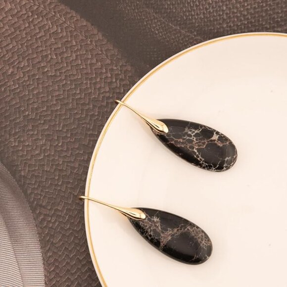 Women's Black Gold Hook Natural Healing Stone Fishhoop Dangle Drop Earrings - Picture 2 of 4